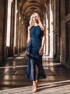 MOSSMAN Infidelity Lace Midi Dress Navy Blue Size US 4